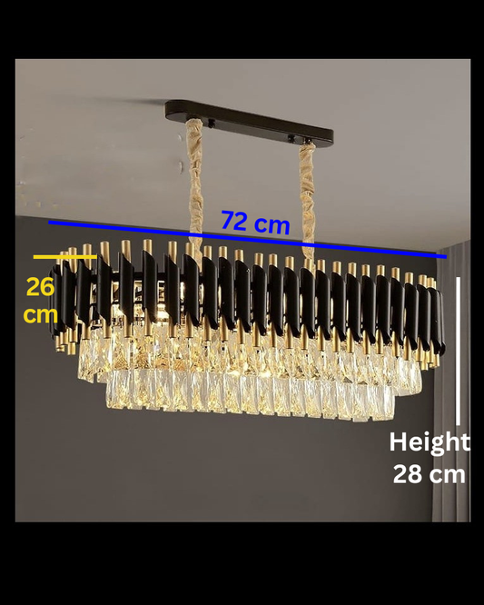 Swanart Refined Elegance black Mamba crystal chandelier with rectangular design and sparkling crystal accents hanging from a black frame.