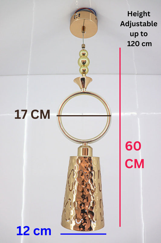 Swanart gold pendant light with hammered metal shade and ring design, hanging from ceiling, adjustable height for kitchen or dining area.