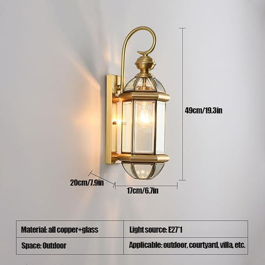 Swanart Outdoor Wall Lantern Light, All Copper & Glass Exterior Wall Sconce with E27 Base, Waterproof Vintage Gold Porch Lamp for Garden, Villa, Courtyard & Entryway Decor - Swanart
