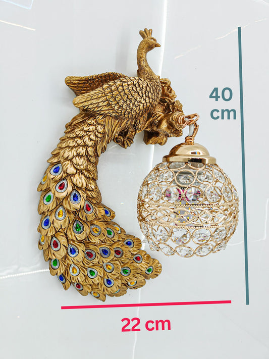 Elegant Glitzail Peacock Wall Lamp with Golden Finish – Decorative Wall Light with Crystal Globe Shade | Intricate Handcrafted Design | Multicolor Accents | Ideal for Living Room, Bedroom & Home Décor - Swanart