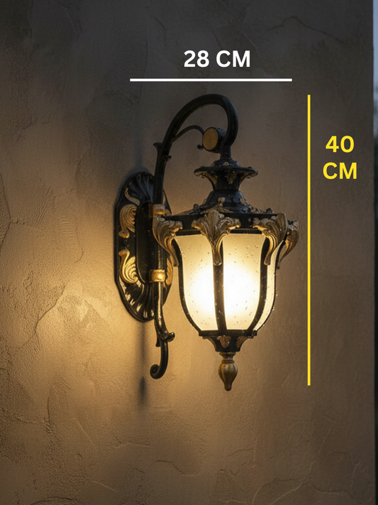 Swanart antique outdoor wall lantern in black and gold with frosted glass shade, decorative porch and entrance exterior wall light