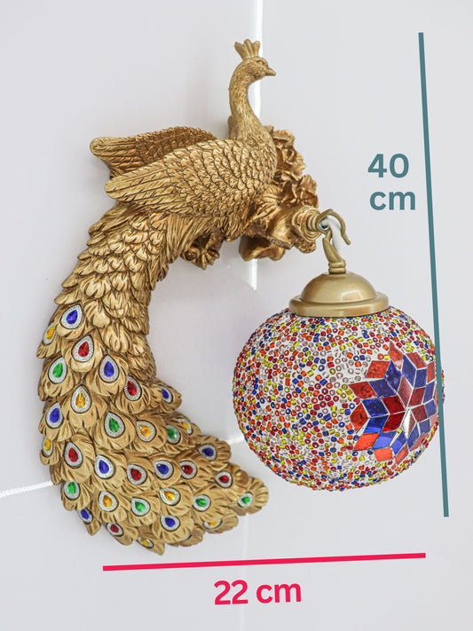 Swanart Peacock Wall Light with Mosaic Glass Shade – 40x22cm Golden Antique Finish, Decorative LED Night Lamp for Living Room, Bedroom & Hall | Vintage Handmade Wall Decor Lighting Fixture - Swanart