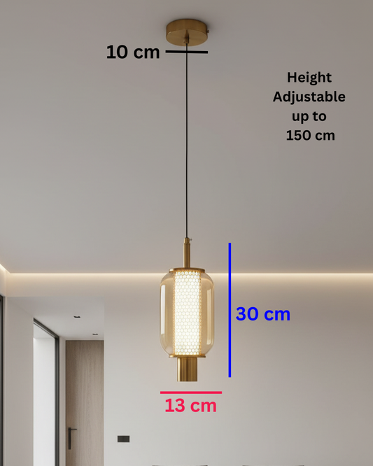 Swanart modern gold hanging pendant light with amber glass shade, LED ceiling lamp for living room, dining, or bedroom decor.