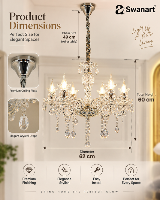 Swanart elegant K9 crystal Italian chandelier with six lights, modern European design, hanging from a ceiling in a stylish living room.