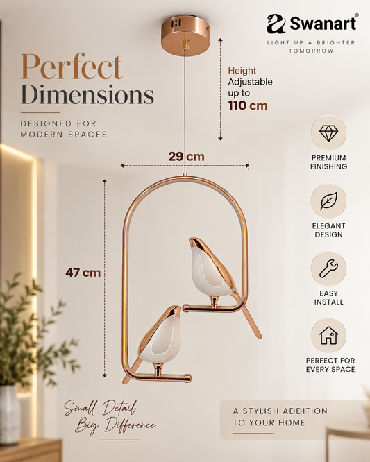 Swanart metal Chirpy Twin pendant hanging lights with bird-shaped designs, ideal for living room lighting decor.
