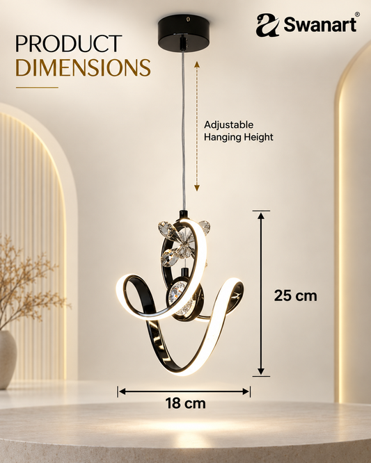 Swanart modern LED pendant light with crystal accents, adjustable hanging chandelier for living room, dining room, bedroom, or hallway
