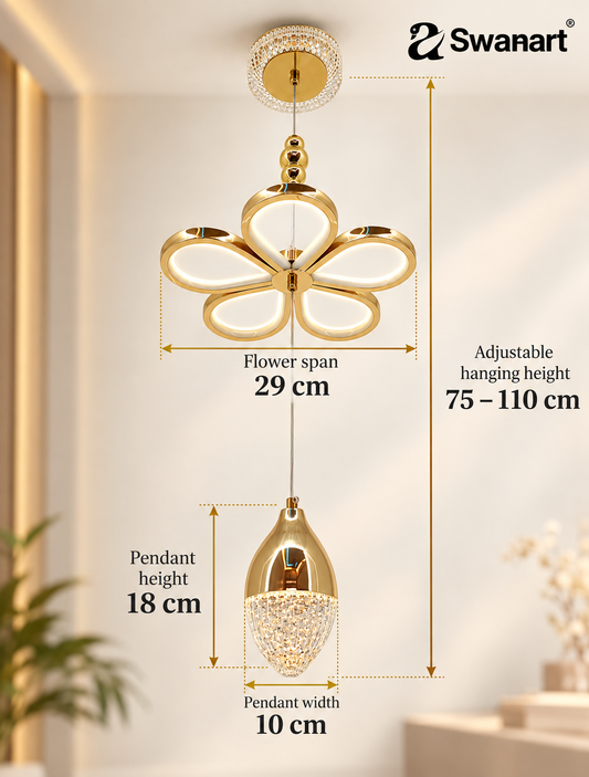 Swanart Florilight modern crystal glass ceiling light with gold finish, 3-in-1 color-changing LED and adjustable height for home or office.
