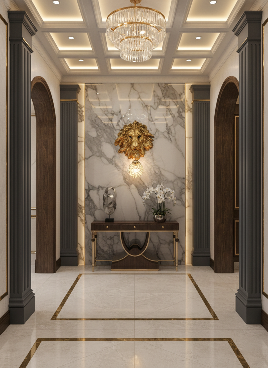 Swanart Leonara Lion Head Wall Light – Decorative Gold Lion Face with Crystal Globe, 37x47 cm – Elegant Wall Sconce for Living Room, Bedroom, and Offices