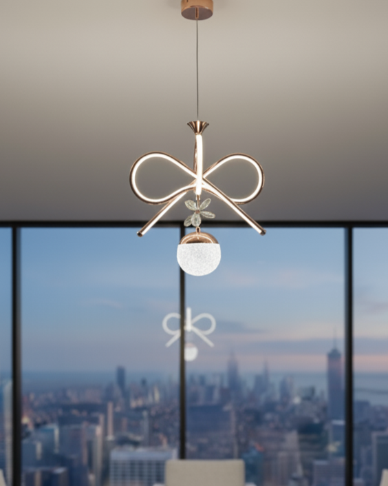 Swanart modern infinity loop LED pendant chandelier with rose gold finish, glass globe, and crystal accents for living or dining rooms