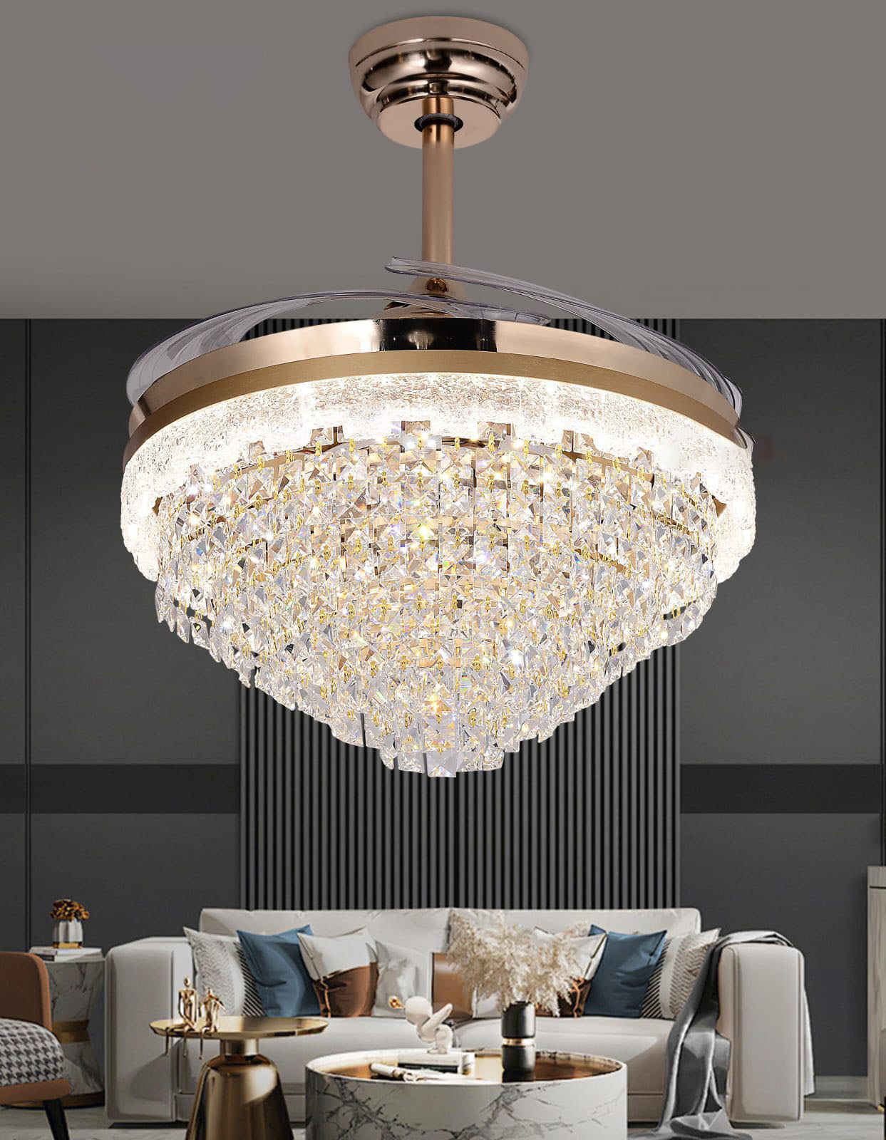 Swanart Crystal Chandelier Fan with LED Light, Gold Ceiling Fan with K9 Crystals, Modern Retractable Blade Chandelier, Luxury Ceiling Fan for Living Room & Bedroom