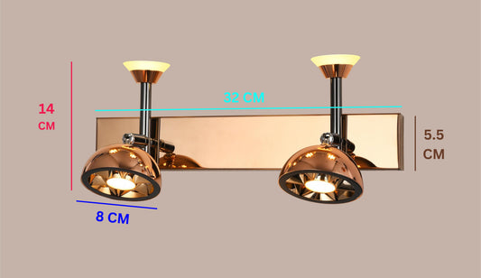 Swanart modern rose gold dual LED wall sconce with adjustable vanity lights for bathroom, bedroom, or living room decor.