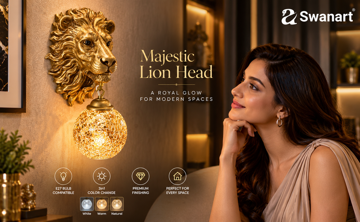 Swanart majestic lion head wall sconce with crystal globe lamp, antique gold finish, decorative lion mane for luxurious home lighting.