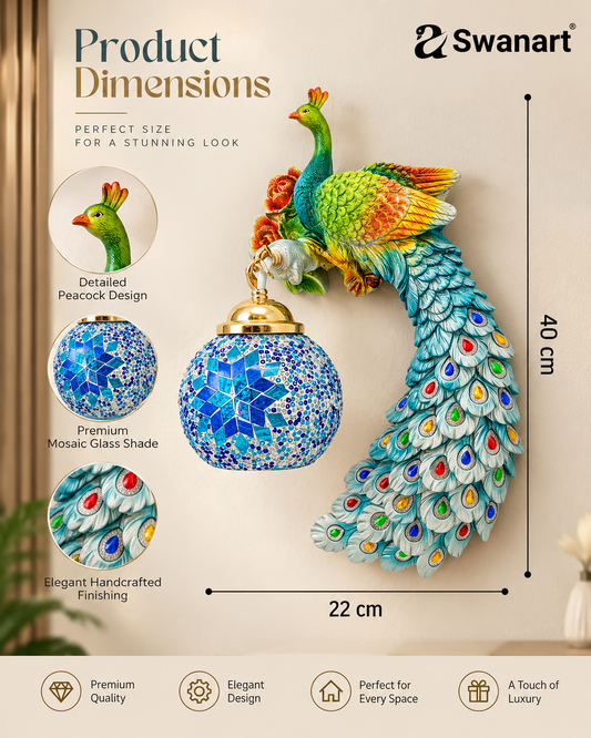 Swanart Aurepeck Peacock wall light with mosaic glass shade and decorative LED illumination, mounted on a wall.