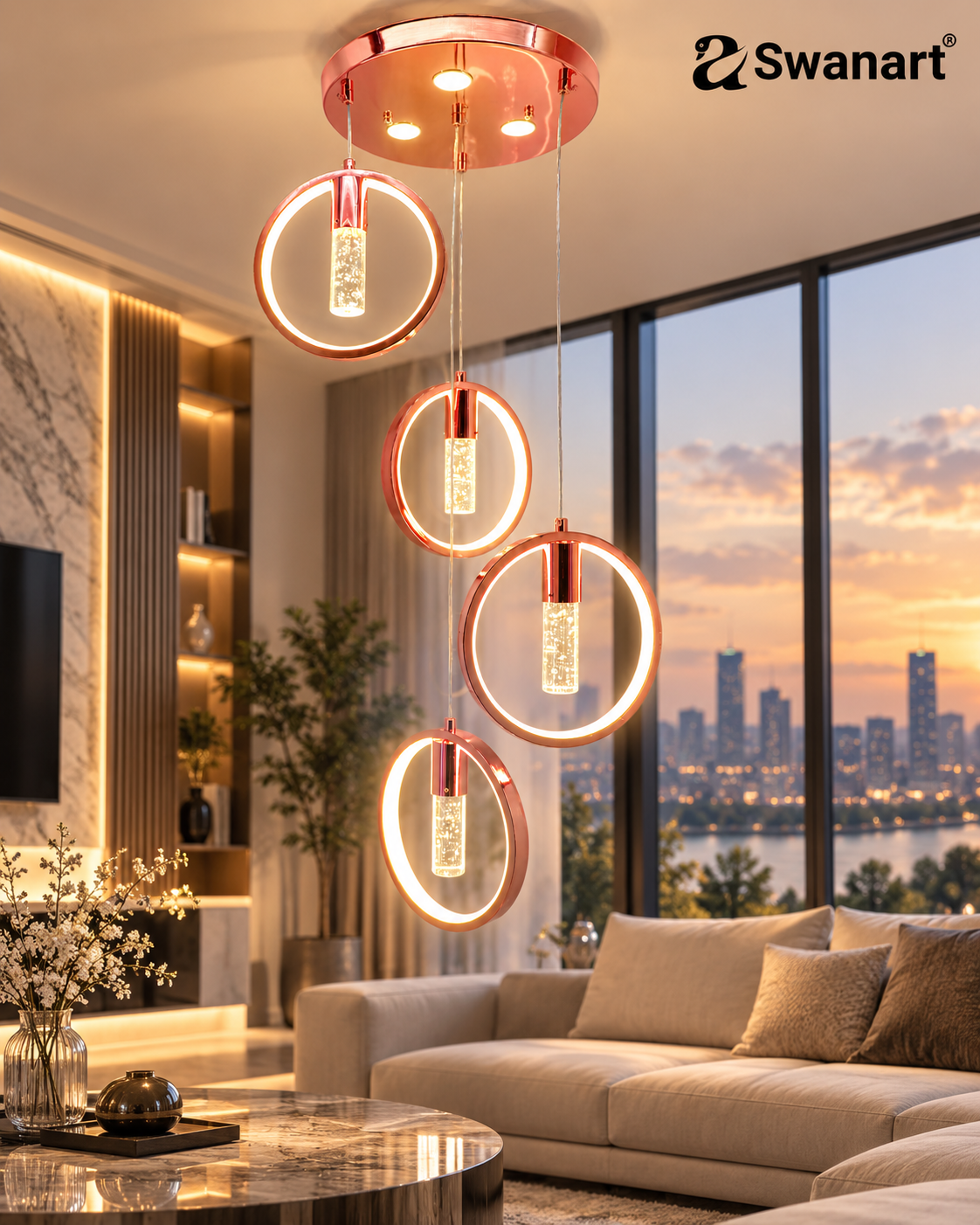 Rose-gold Swanart Radiant Charm crystal gel pendant light hanging ceiling lamp with sparkling crystals for elegant home decor.