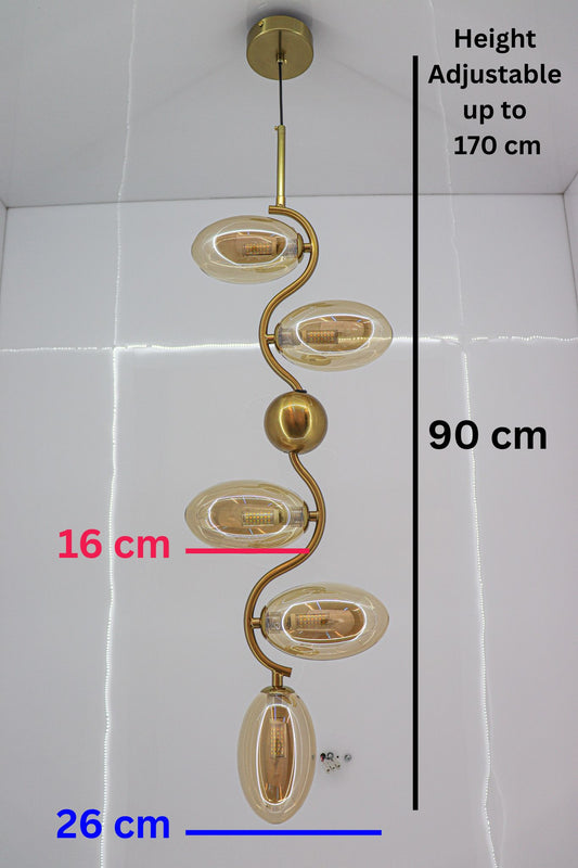 swanart Modern Gold Spiral Chandelier - 5-Light Pendant Fixture with Elegant Amber Glass Shades | Decorative Ceiling Light for Living Room, Dining Room – Creates Stunning Warm Ambiance & Statement - Swanart