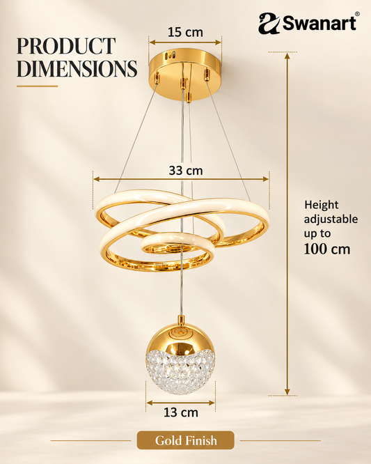 Swanart modern LED ceiling pendant light with crystal ball and spiral chandelier design, dimmable hanging lamp in gold finish