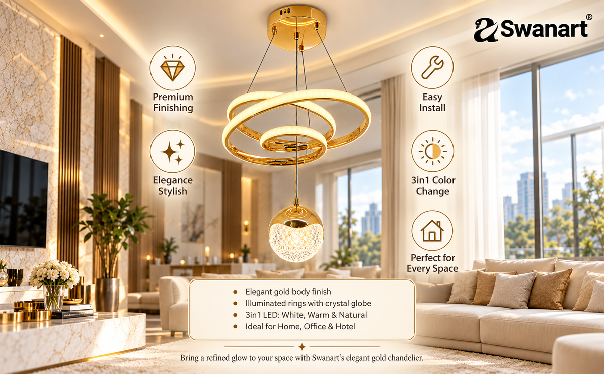 Swanart modern LED ceiling pendant light with crystal ball and spiral design, hanging in an ivory interior setting.