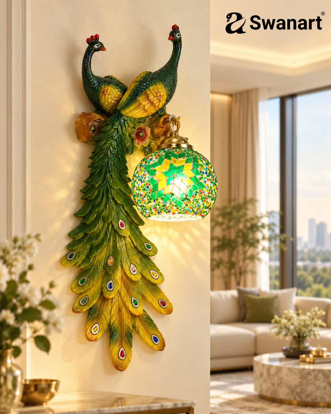 Swanart Twin Peacock Mosaic Glow Wall Light – A Beautiful Combination of Art, Nature and Elegant Lighting