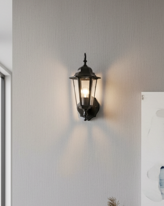 Vintage Swanart outdoor wall light with black metal and glass, waterproof sconce for garden, porch, or balcony exterior lighting.