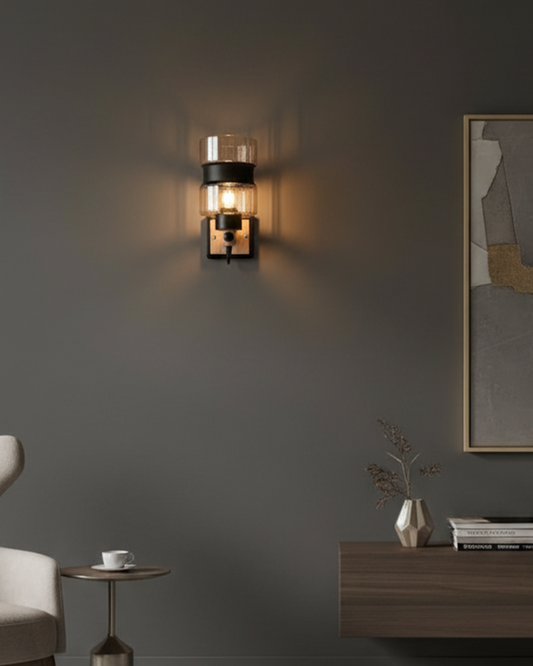 Swanart modern wall sconce with amber glass shade, wooden and black metal finish, warm LED lighting for living room or bedroom decor