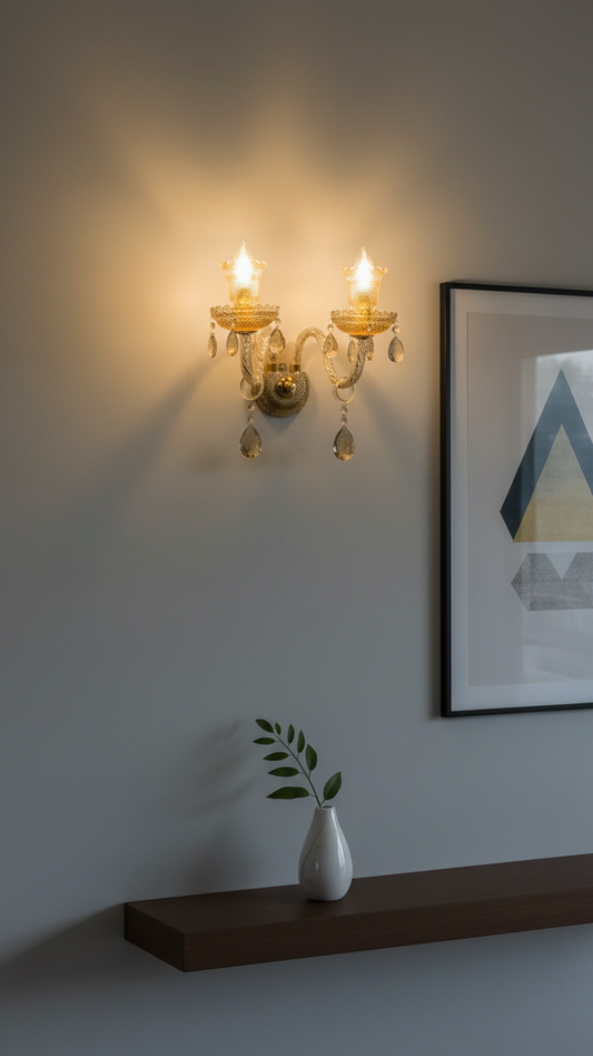 Swanart luxury crystal wall light with two gold sconces and hanging crystal drops, decorative LED fixture for living room or bedroom.