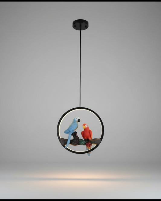 Swanart parrot LED pendant light with circular ring design, hanging ceiling lamp featuring decorative bird motif for living room or bedroom