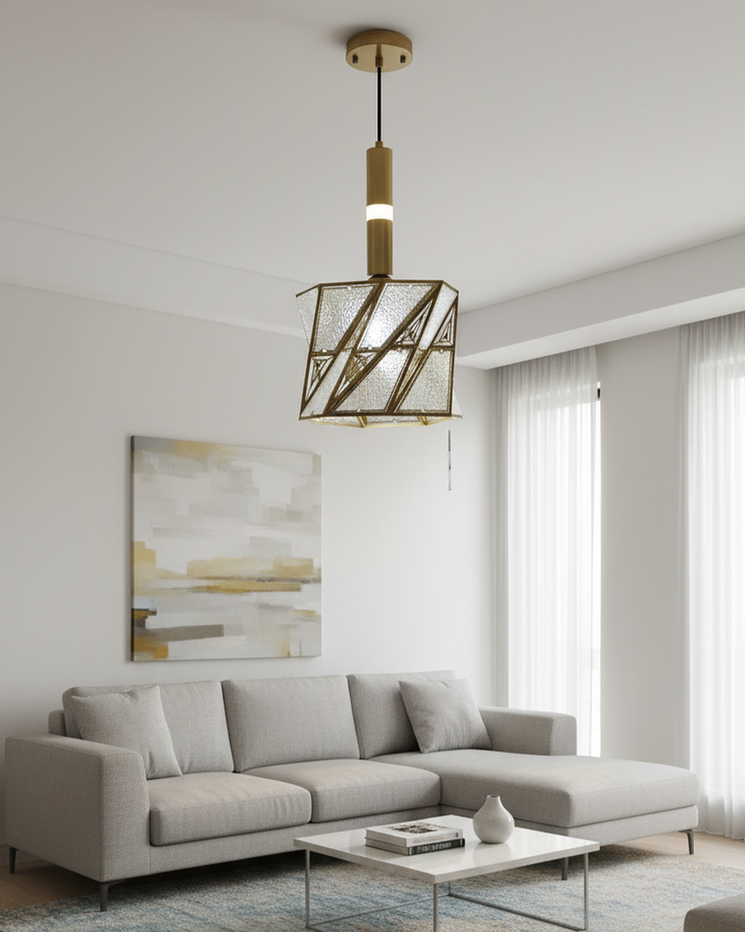 Swanart modern gold pendant light with geometric glass shade hanging in a contemporary dining room or kitchen island setting.