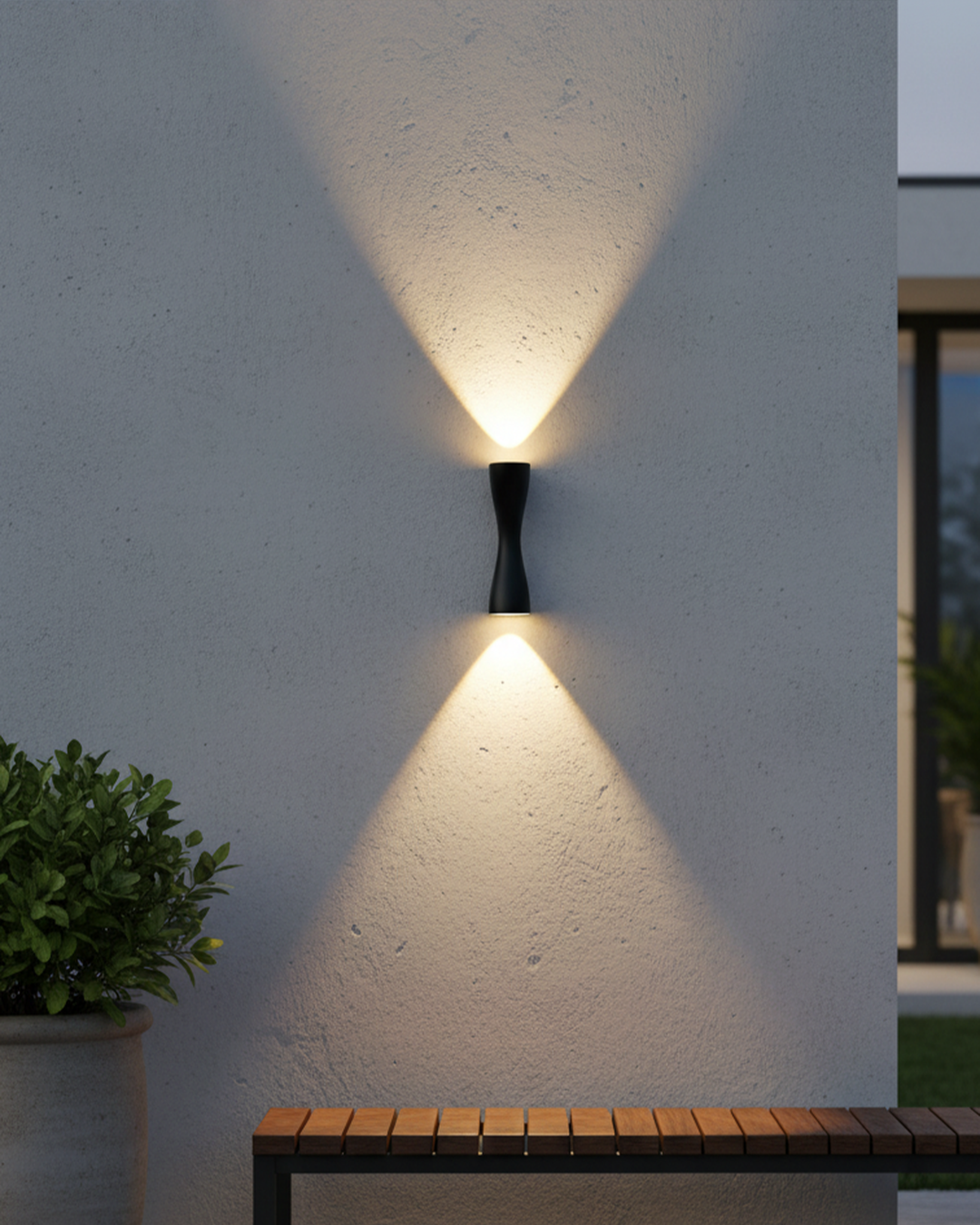 Swanart modern outdoor wall light with LED up-down sconce, waterproof aluminum fixture in black, illuminating balcony or garden facade