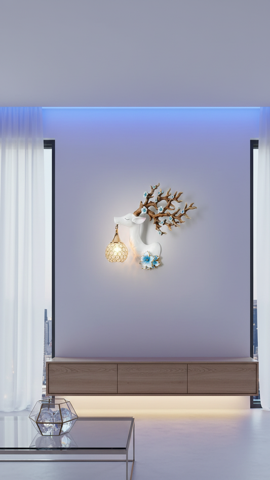 Swanart Deerora Majestic Deer Antler Wall Sconce with Crystal Lamp | Elegant LED Home Decor Lighting | Modern, Unique, & Artistic Accent Light for Living Room, Bedroom & Hallway – Easy Installation - Swanart