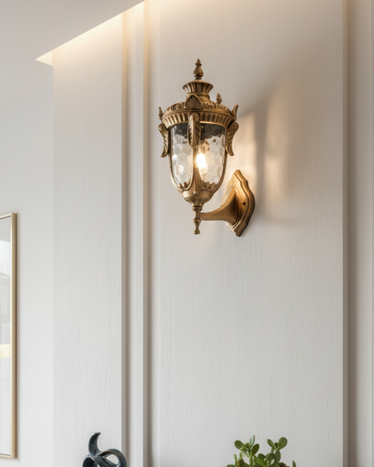 Swanart vintage outdoor wall light with antique brass finish, waterproof glass sconce for balcony, porch, garden, or entryway.