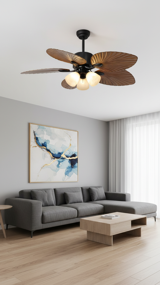 Swanart Tropical Leaf Ceiling Fan with Light, 5 Wooden Fiber Blade Decorative Ceiling Fan with 3 Glass Shades, Modern Designer Ceiling Fan for Living Room, Bedroom & Hall
