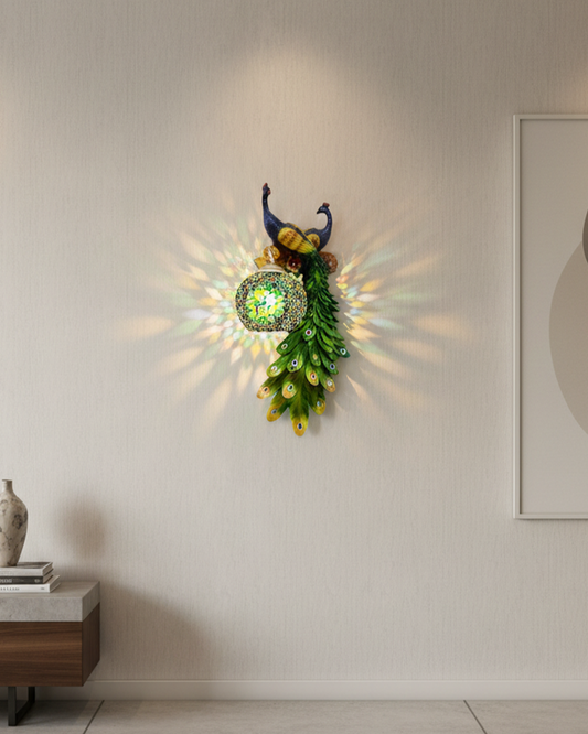 Swanart peacock wall light LED decorative sconce with bird design, warm ambient glow for living room, bedroom, or hallway decor.