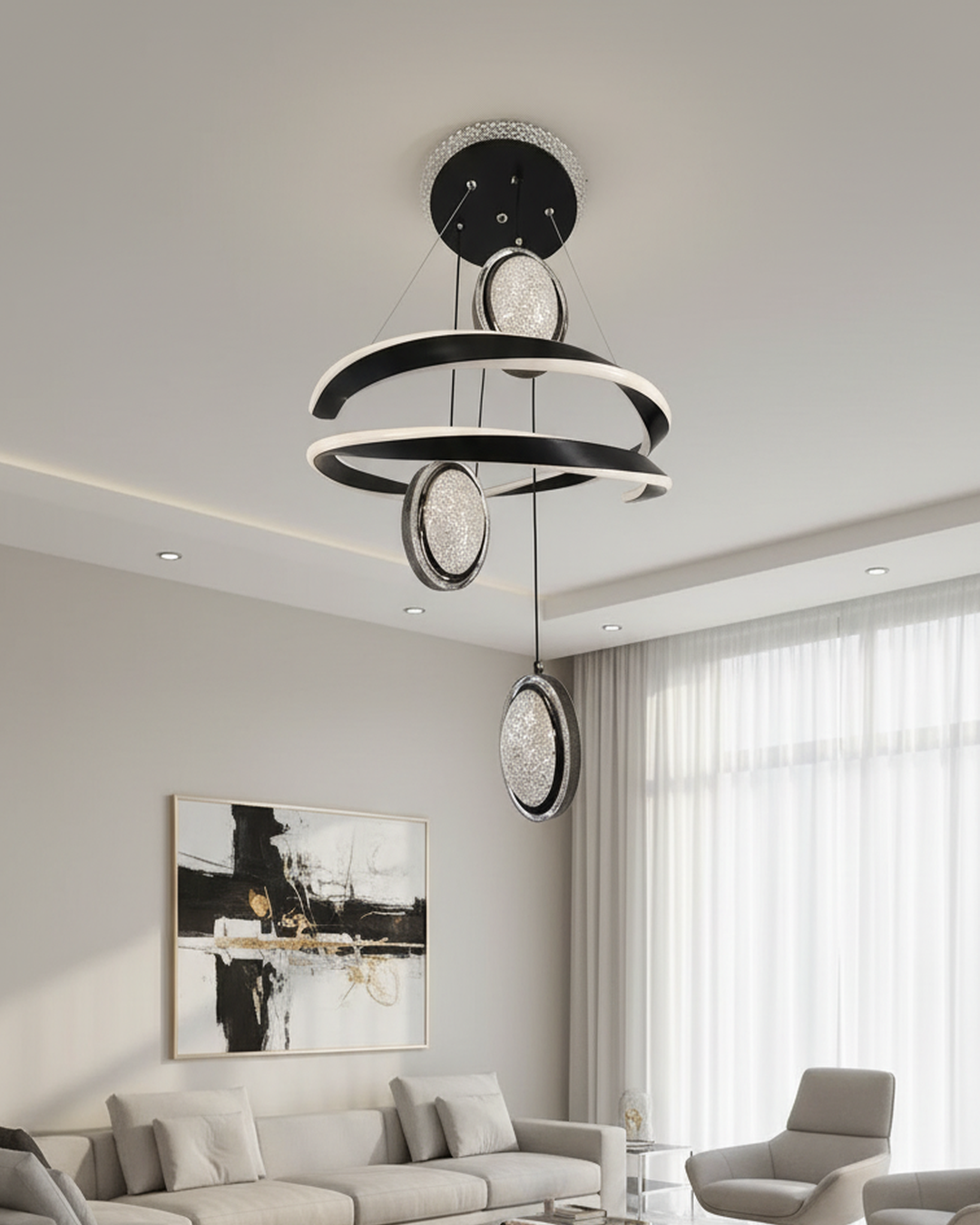 Modern Swanart hanging light fixture with a sleek, minimalist design and creative studio backdrop.