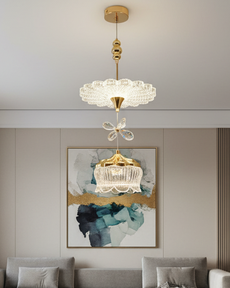 Swanart modern luxury crystal chandelier pendant light fixture with gold finish, adjustable height ceiling lamp for dining or living rooms