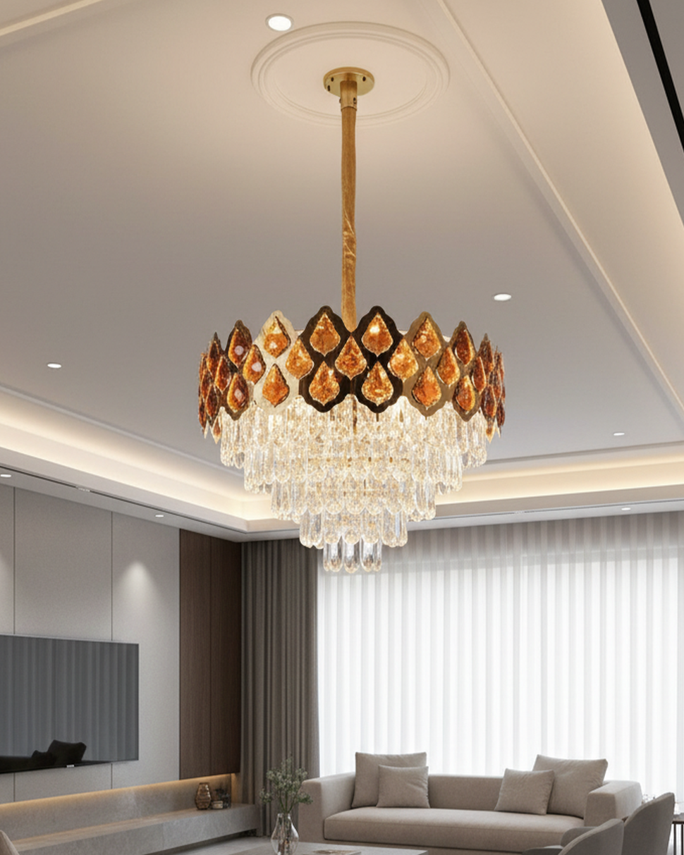 Elegant Swanart crystal chandelier with multiple hanging pendant lamps, perfect for sophisticated home decor.