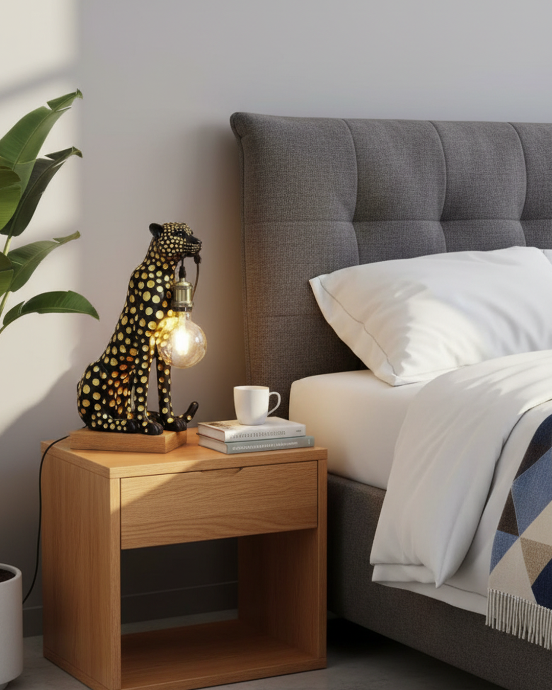 Swanart leopard table lamp with exposed bulb and cheetah figurine, modern animal decor for living room, bedroom, or office.