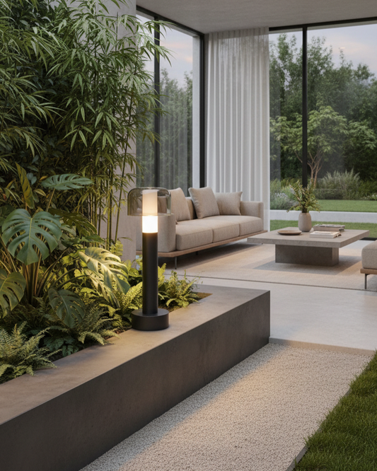 Swanart outdoor bollard light with black finish, waterproof LED garden pathway lamp illuminating yard and patio with warm white light