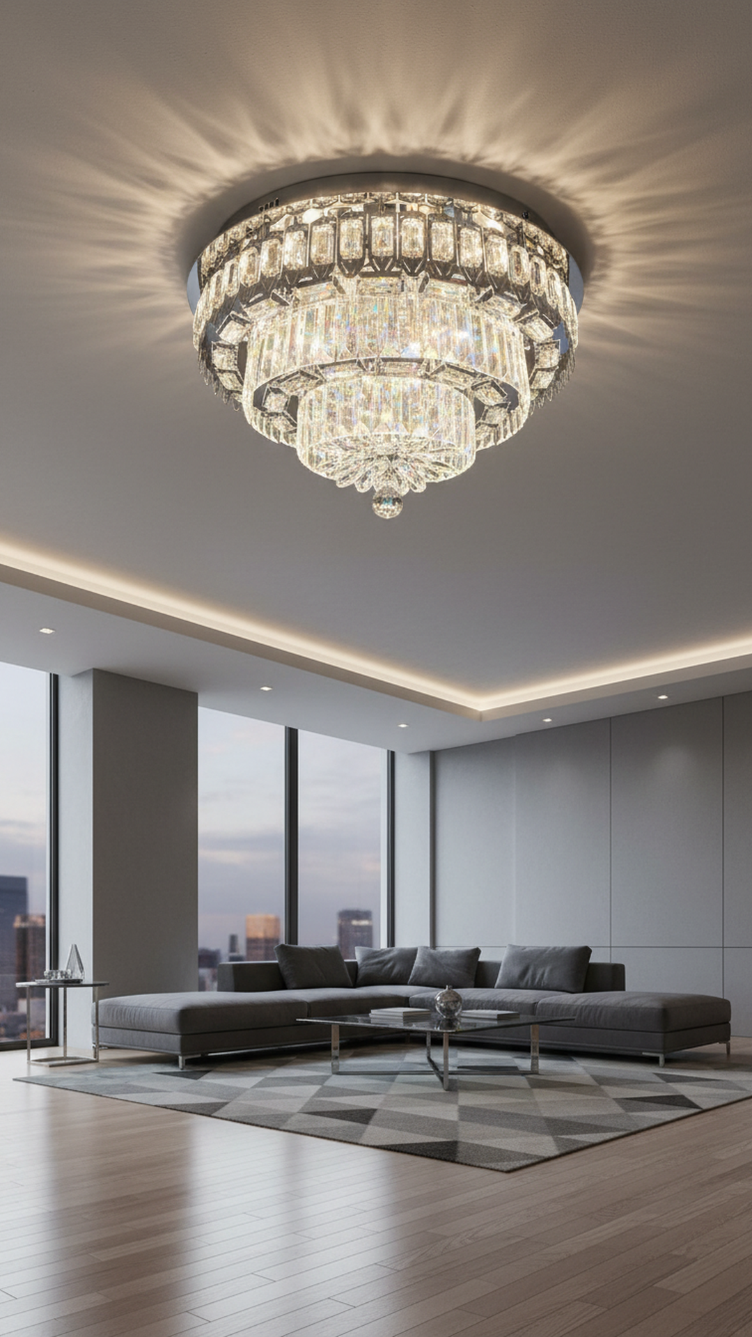 Swanart luxury 60cm crystal chandelier with 3 tiers, modern flush mount ceiling light featuring K9 crystals for elegant living room lighting.