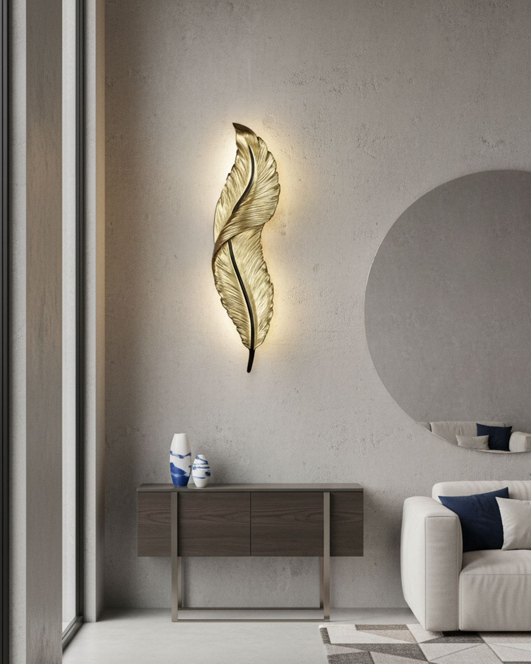 Swanart modern feather LED wall light with golden metal finish, warm white ambient lighting, decorative sconce for living rooms and hallways
