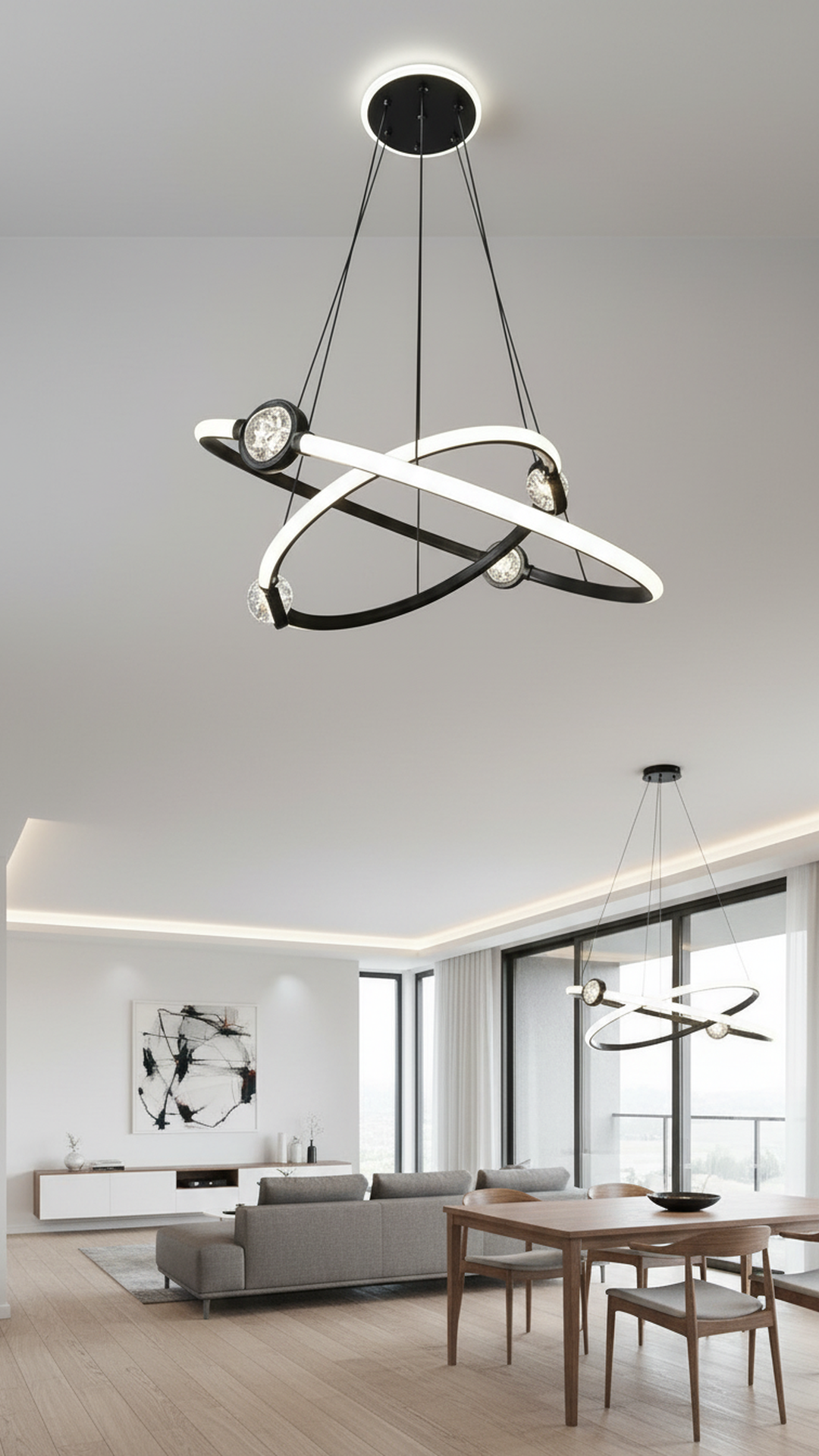 Modern Swanart Orbit LED chandelier with black ring and crystal accents, hanging ceiling light for living, dining, or bedroom decor.