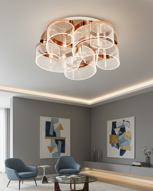 Swanart modern LED ceiling light with crystal accents, rose gold finish, 3-color changing option, designed for living room or bedroom.