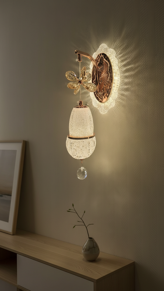 Swanart luxury crystal butterfly wall light with rose gold finish, modern LED sconce, crystal shade decor for living room or bedroom