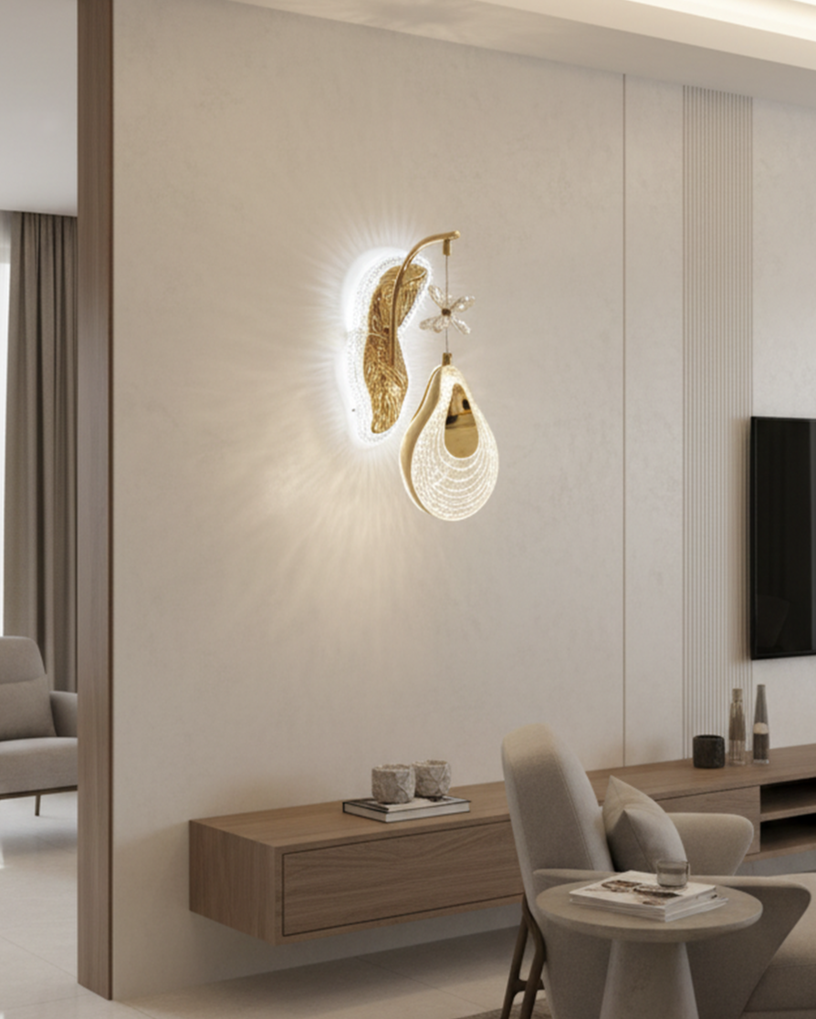Swanart luxury gold leaf wall light with crystal flower accent, modern LED sconce with glass drop, ideal for living room or bedroom decor.