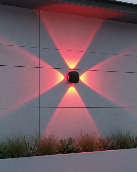 Swanart black wall lamp with up and down waterproof RGB auto-changing LED light, modern wall lighting fixture for indoor or outdoor use.