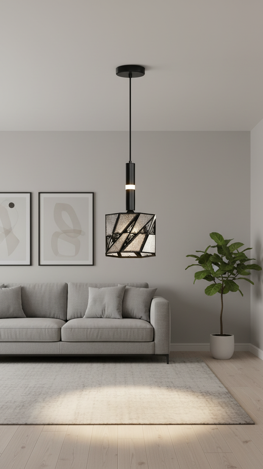 Swanart modern geometric black pendant light with textured glass shade hanging in a contemporary dining or living room setting.
