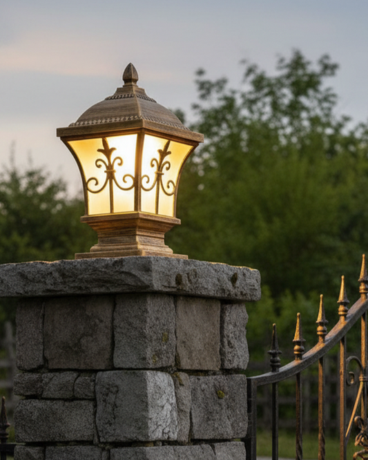 Swanart vintage outdoor gate light with antique gold finish, waterproof LED pillar lamp for garden, wall, or entrance lighting.