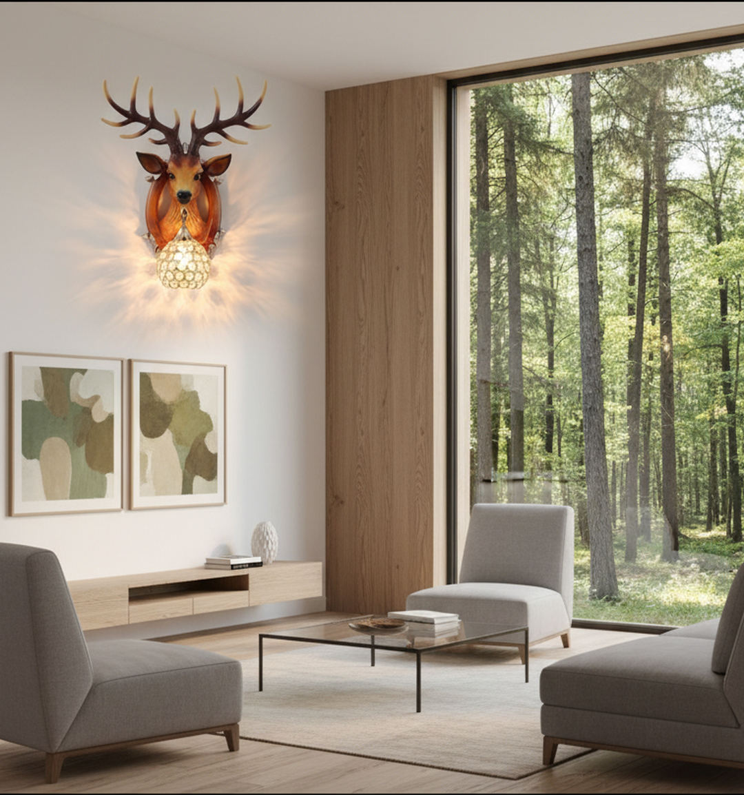 Swanart Charming Deer Head Wall Sconce with Crystal Globe Lamp – Decorative Wall Lighting for Living Room, Bedroom, Hallway – Artistic Design, Deer Antlers, Gold Accents – Unique Home Décor Feature - Swanart