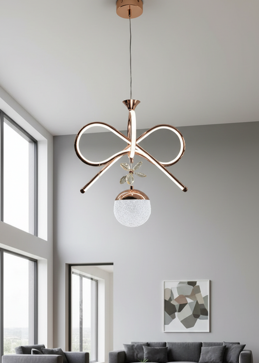 Rose gold Swanart infinity loop LED pendant chandelier with glass globe, modern decorative ceiling light for living or dining rooms