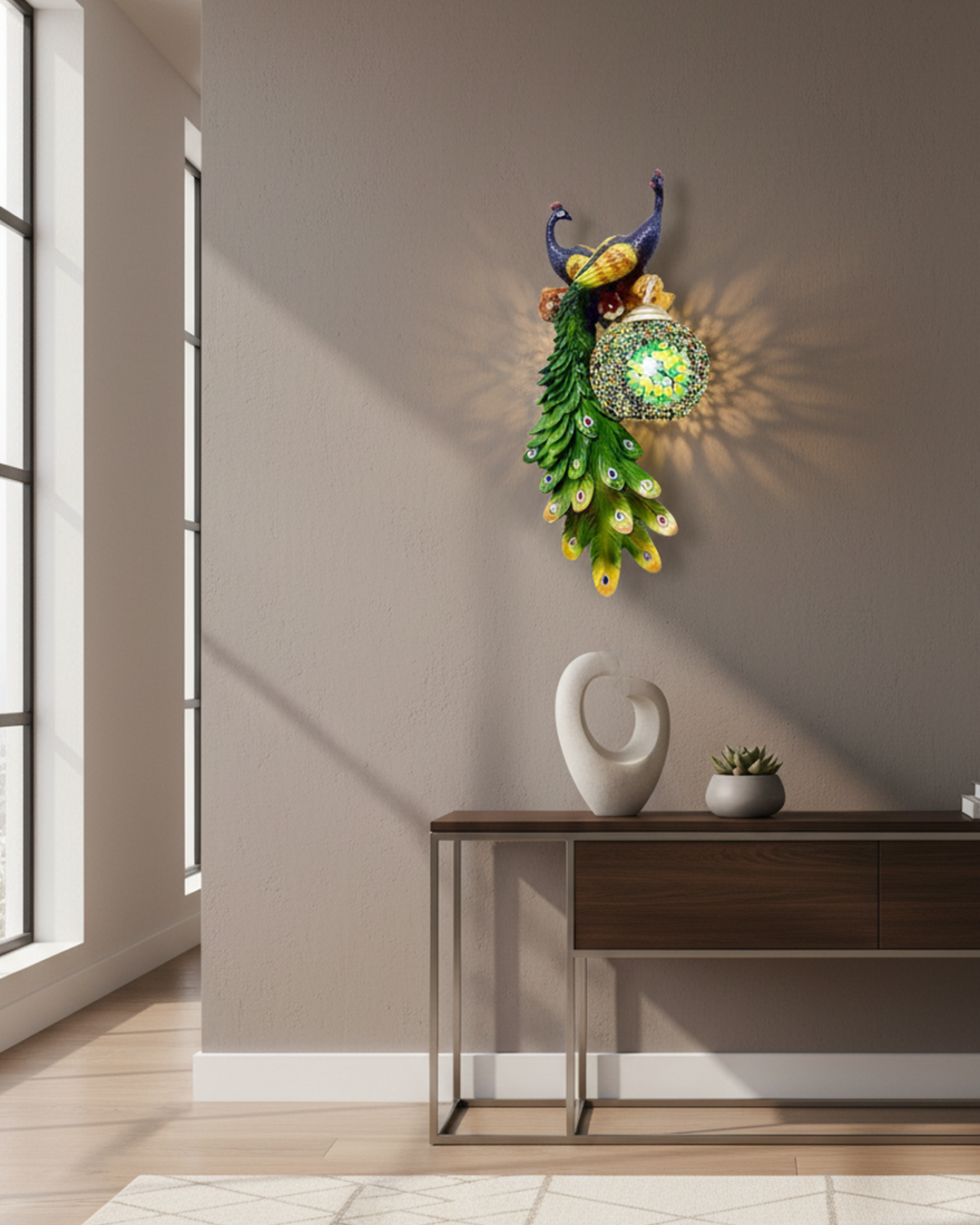 Swanart Peacock wall light LED sconce with bird design, modern decorative lamp for living room, bedroom, or hallway ambiance.