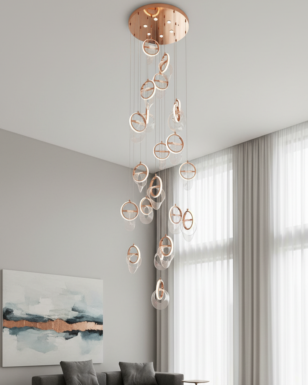 Swanart modern crystal ring chandelier in rose gold with LED lights, hanging from ceiling, stylish pendant lamp for living room or staircase.